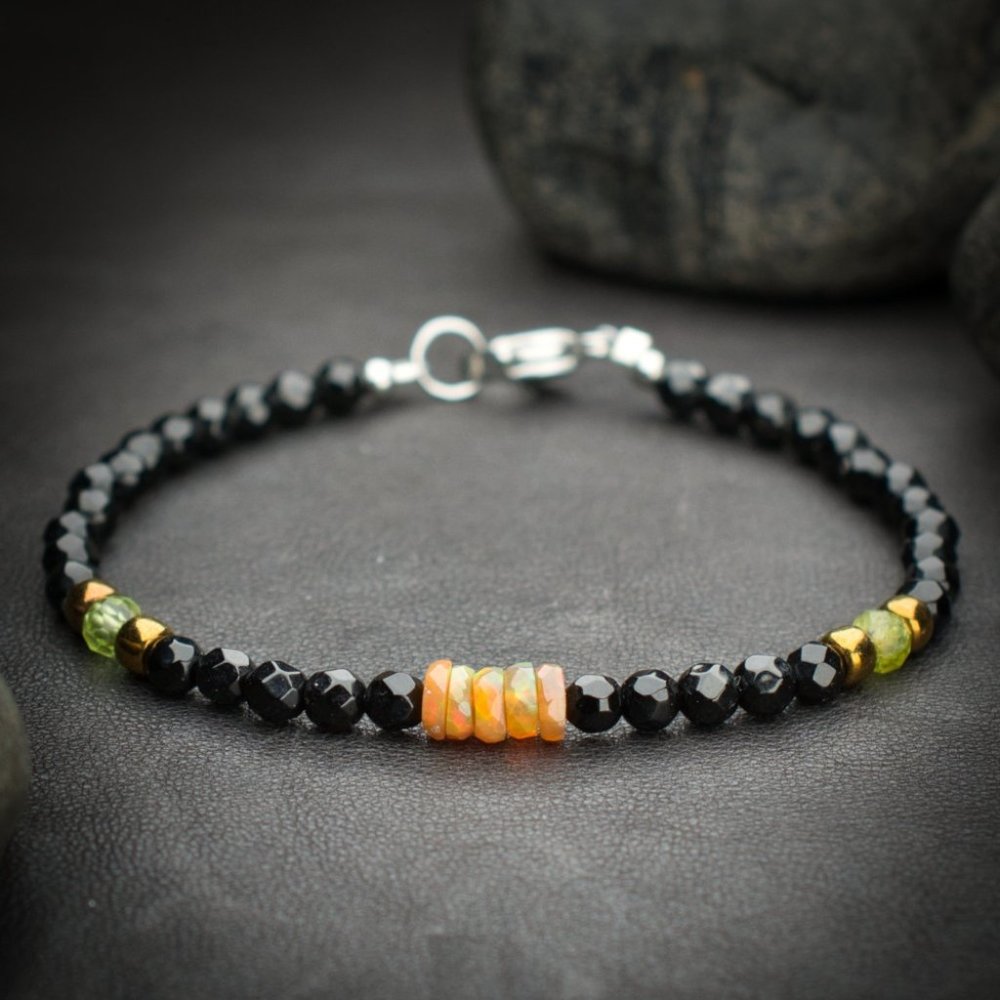 Black Onyx and Ethiopian Fire Opal Crystal Bracelet - Handmade to Order